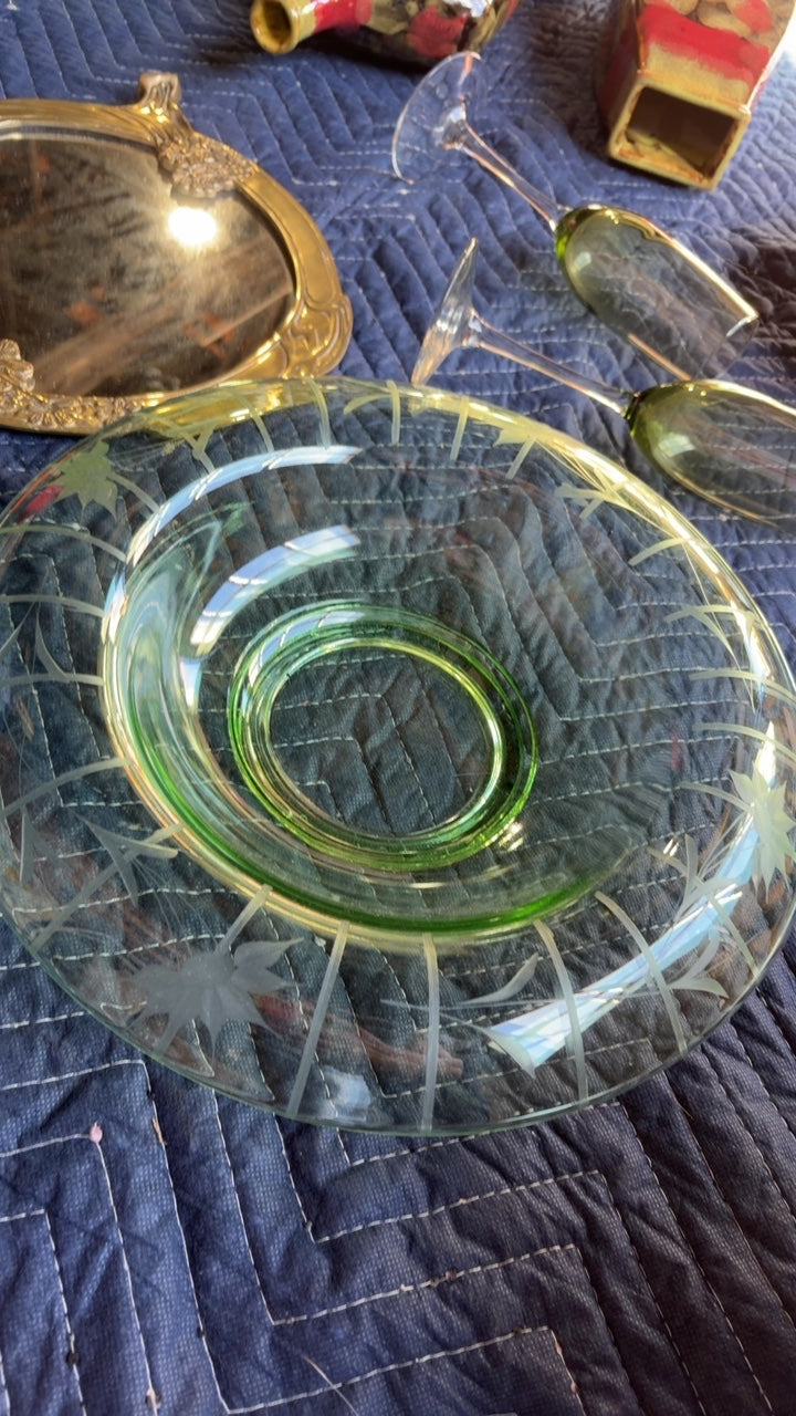 Etched Floral Green Dish