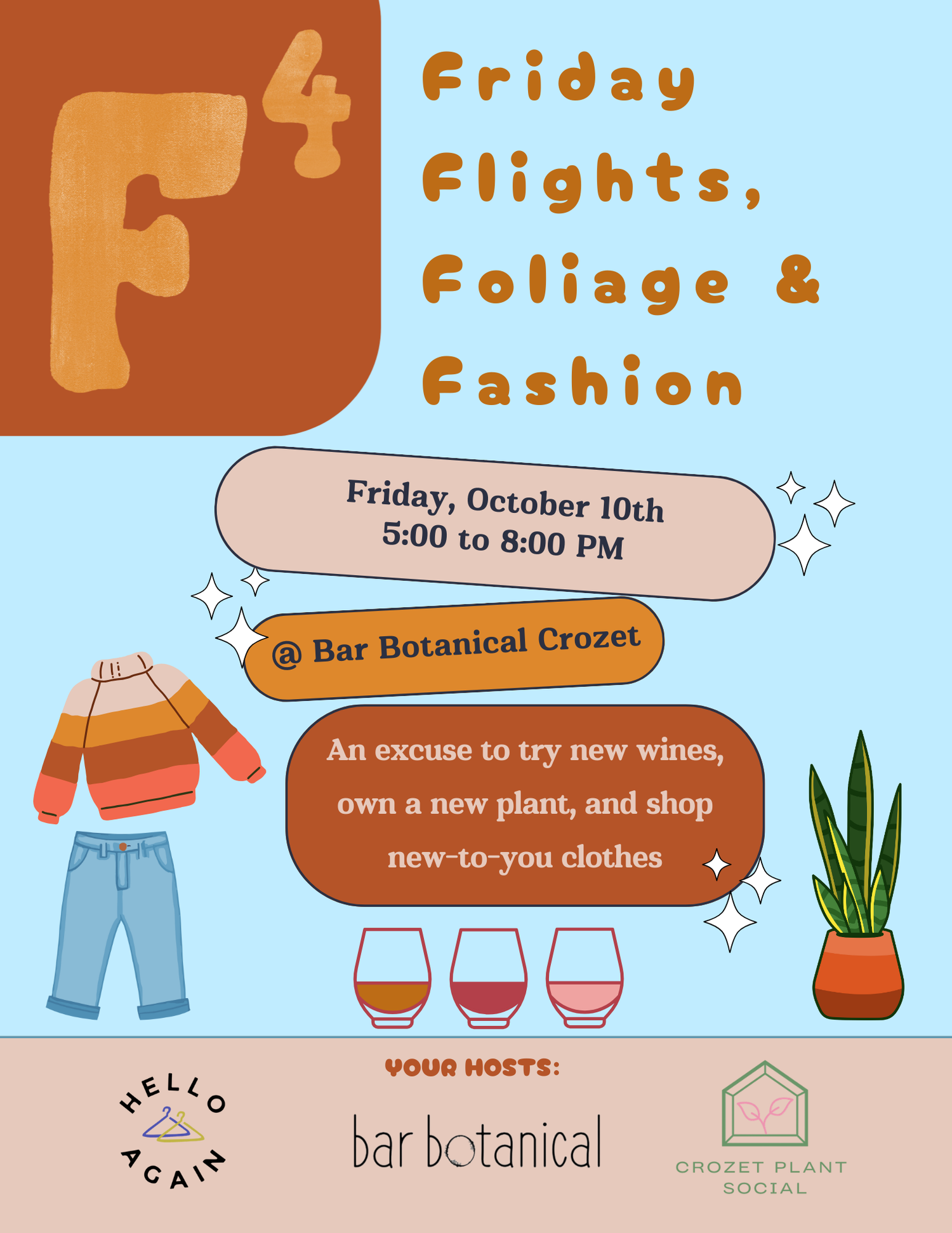 Flyer for flights, foliage, and fashion event at Bar Botaincal on October 10th including sweater, wine, and plant icons