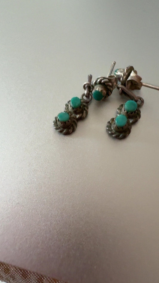 Silver and Turqouise Rope Native American Earrings VINTAGE