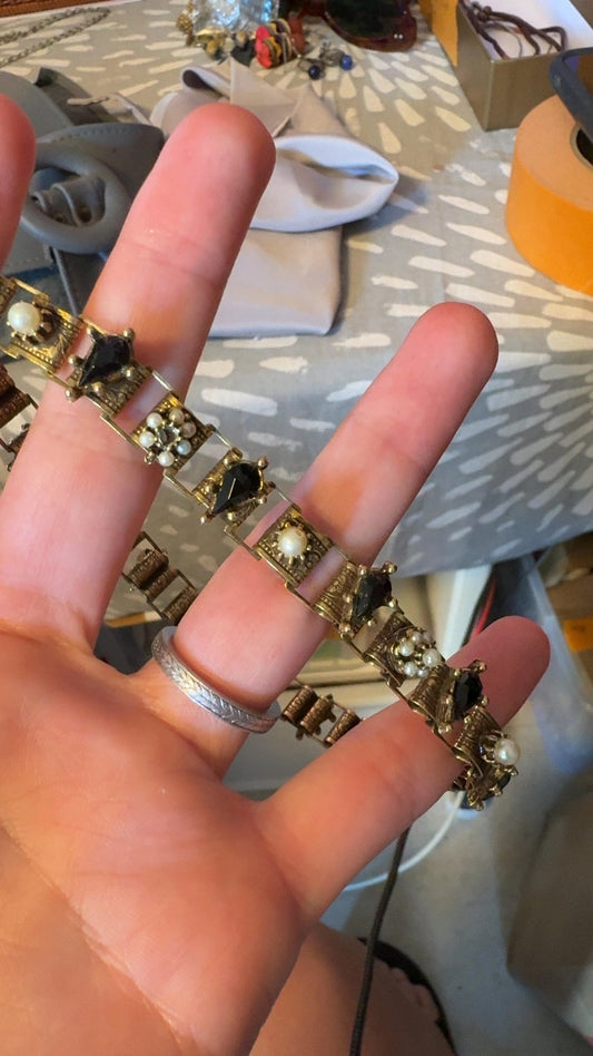 Brass, Rhinestone, and Faux Pearl Chocker VINTAGE (AS IS)