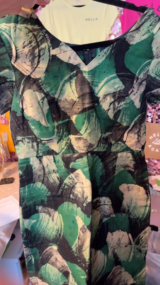 Handmade Dress in Green and Black Print / Size: M