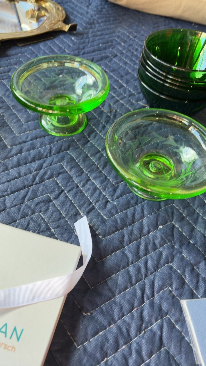 Etched Green Glass Dish