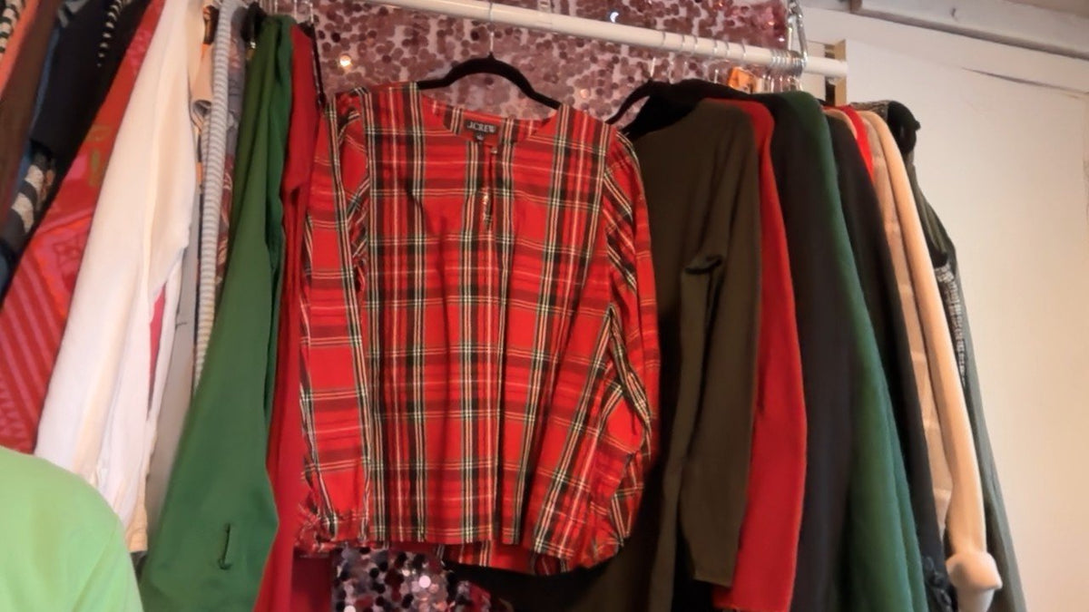 J. Crew Plaid Keyhole Shirt in Red and Green / Size: L