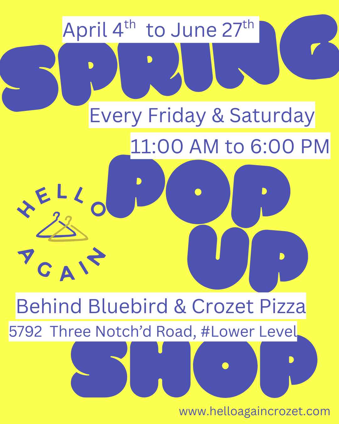 Yellow flyer with large blue bubble letters for Hello Again's pop-up shop